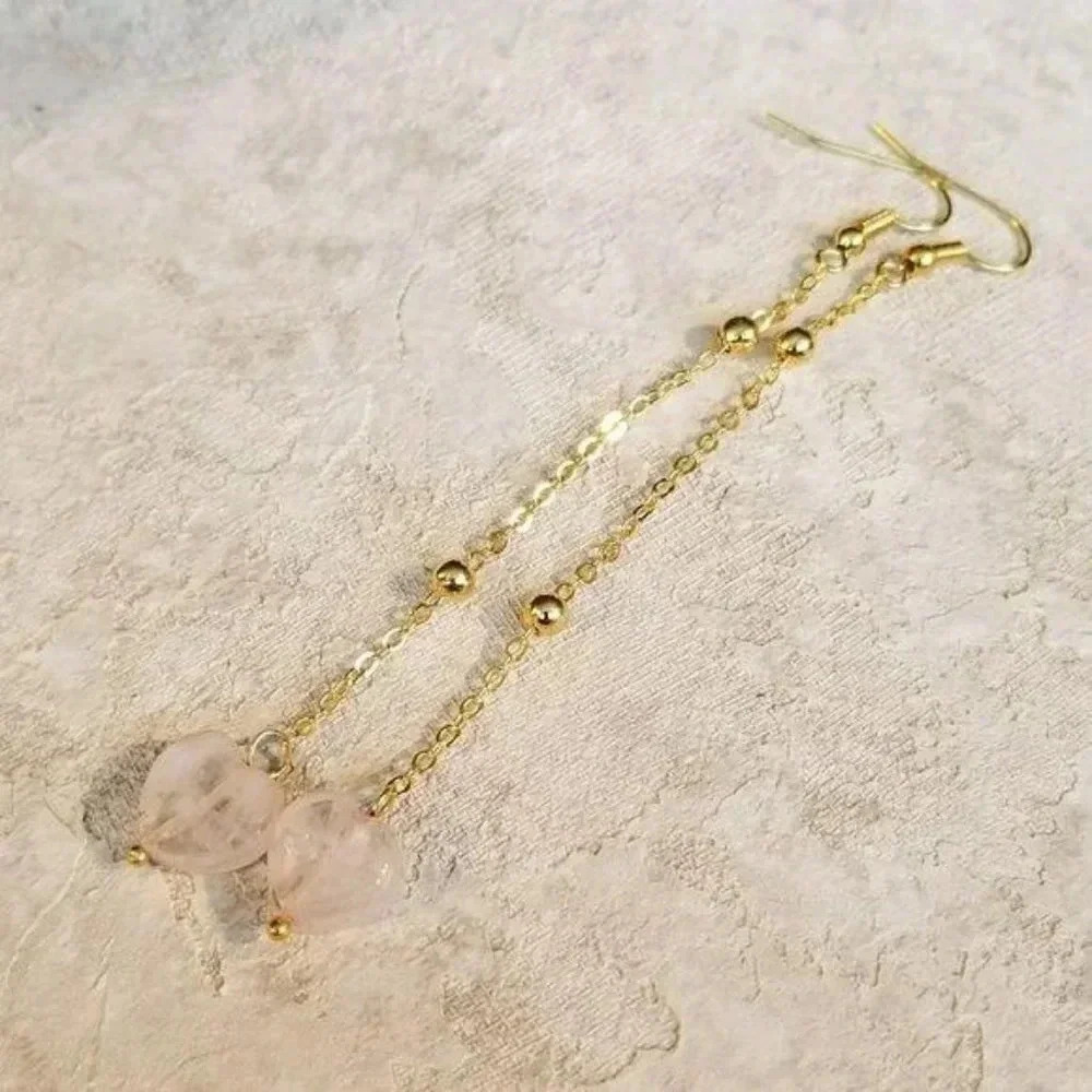 Rose Quartz Heart Gold Chain Gemstone Earrings